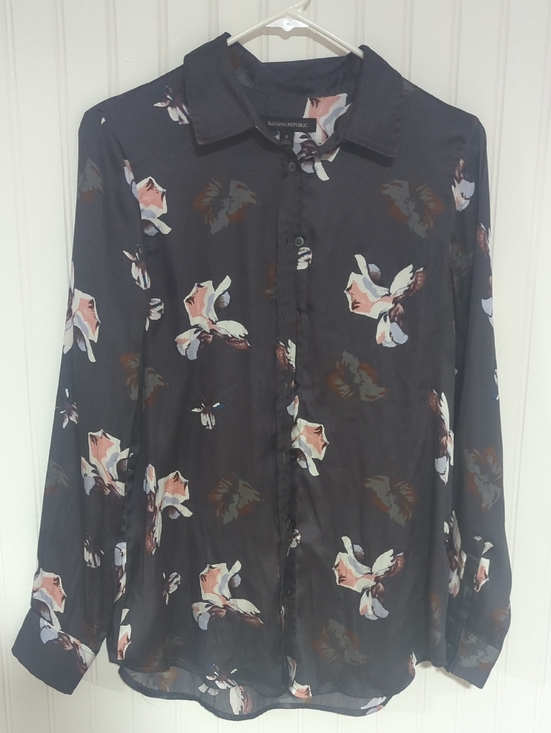 Banana Republic Tops - Banana Republic Black Button-Up Shirt with Pink & White Floral Print